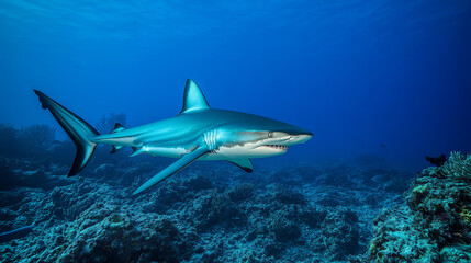 Fototapeta premium Ocean shark bottom view from below. Open toothy dangerous mouth with many teeth. Underwater blue sea waves clear water shark swims forward