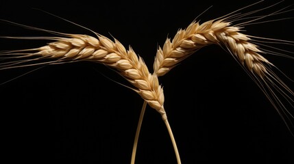 Close-up of golden ripened wheat ears against a black background showcasing texture and detail of cereal grains.