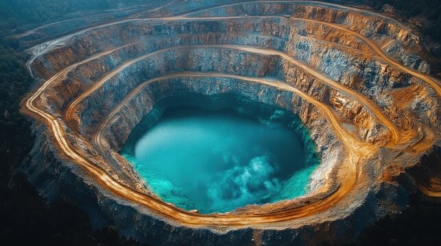 Aerial view of a vast open pit mining site with blue water reflecting the sky and terraced rock formations preparing for blasting activities