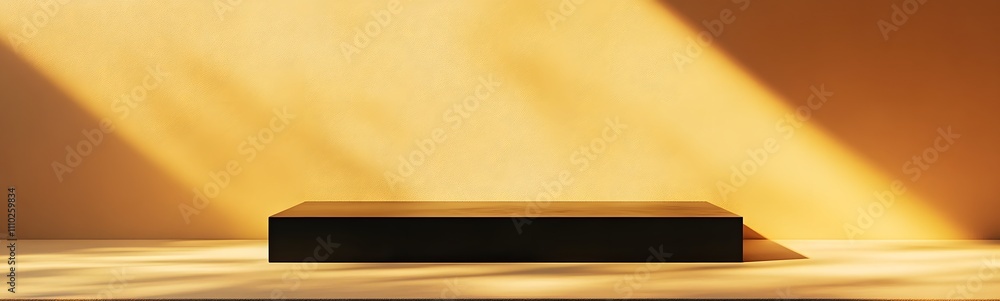 Aufkleber minimalist black podium with sharp edges, illuminated under warm light, set against a subtle mustard