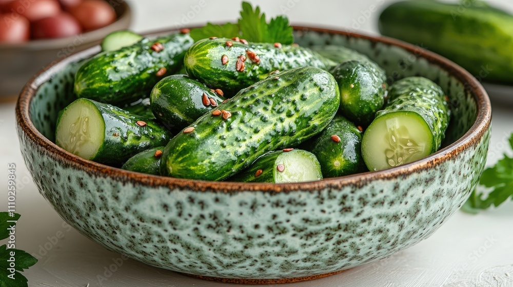 Poster fermented cucumbers elegantly arranged in a decorative bowl with fresh herbs and spices on a light b