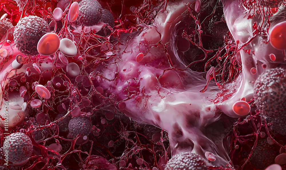 Poster abstract depiction of blood cells and plasma, showcasing a dynamic interplay of colors and textures 