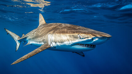 Obraz premium Ocean shark bottom view from below. Open toothy dangerous mouth with many teeth. Underwater blue sea waves clear water shark swims forward