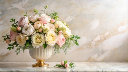 Obraz premium A delicate bouquet of cream and pink roses arranged in a white vase with a gold base, resting on a marble countertop