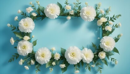 Fototapeta premium Un marco floral con flores blancas, hojas verdes y ramas sobre un fondo azul claro