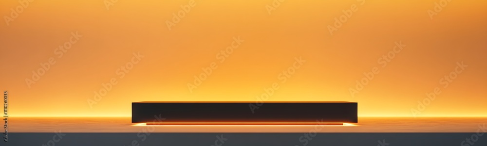 Aufkleber minimalist black podium with sharp edges, illuminated under warm light, set against a subtle mustard