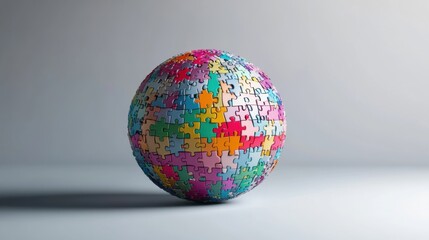 An evocative scene of a collection of diverse, colorful puzzle pieces forming a globe against a plain background