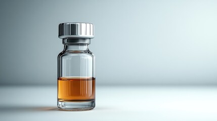 Glass vial with amber liquid medicine isolated on white background for pharmaceutical and healthcare advertising concepts