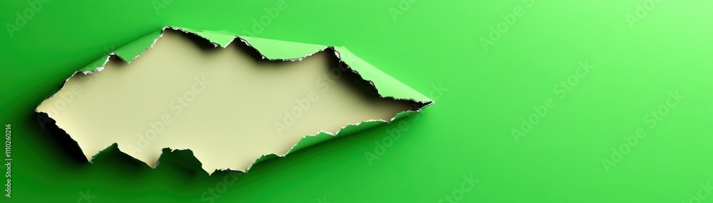 Poster a textured green background with a ripped paper effect, revealing a blank space resembling a map or 