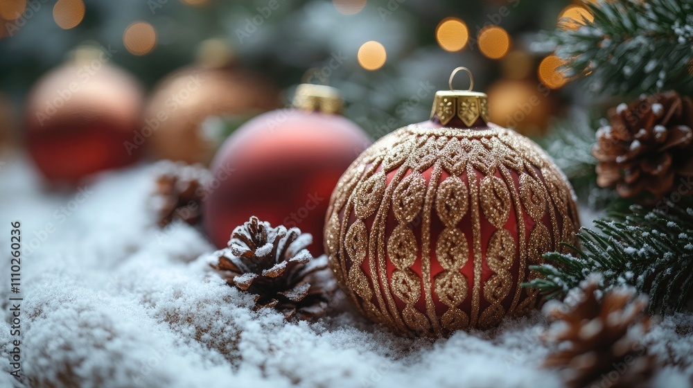 Poster elegant christmas ornaments and pine cones in snowy setting with festive bokeh lights creating a war