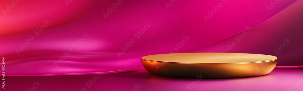 Poster round golden podium with a smooth reflective surface, placed in front of a vibrant fuchsia backgroun