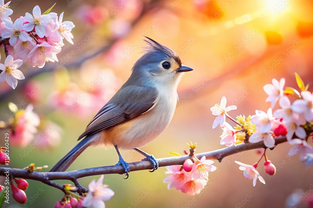 Poster close-up of a titmouse perched on a tree branch in springtime, showcasing the vibrant colors and tex