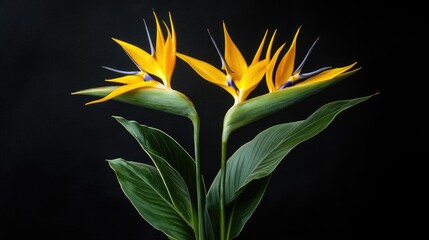 Vibrant Bird of Paradise tropical flower arrangement with striking yellow and orange petals against a dark background, surrounded by lush green leaves, botanical beauty, nature, floral.