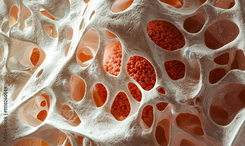 Poster intricate close-up of a porous material featuring orange particles within a white, web-like structur