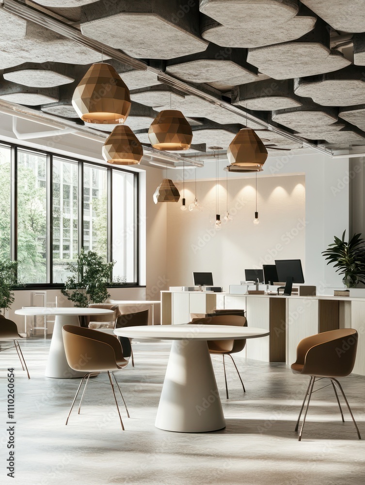 Poster coworking office interior with tables and computers standing on them. 3d rendering