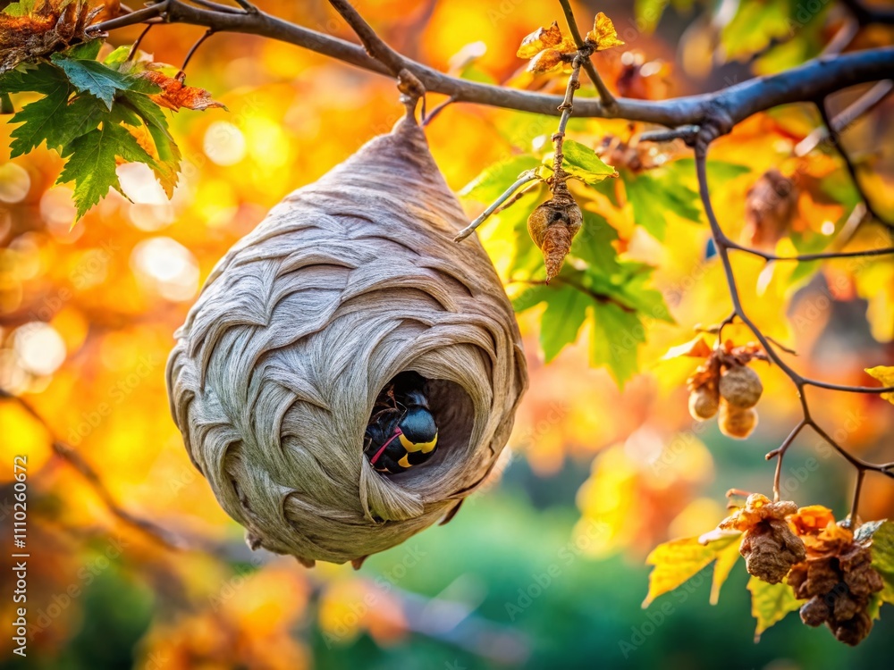 Poster close-up of a wasp nest hanging from a tree branch with natural surroundings and copy space for text