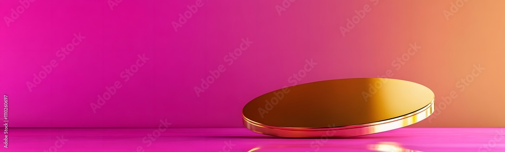 Poster round golden podium with a smooth reflective surface, placed in front of a vibrant fuchsia backgroun