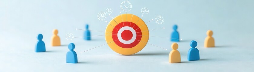 A colorful target surrounded by stylized human figures, symbolizing focus, goals, and teamwork in a business or marketing context.