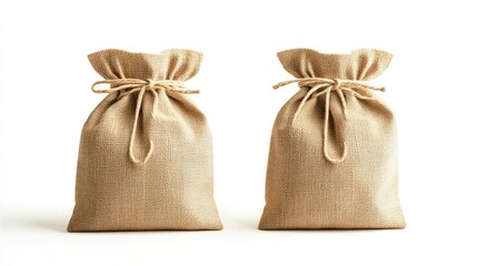 Burlap sacks tied with twine on a white background ideal for packaging mockups and branding purposes in product design and marketing