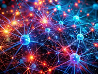 Obraz premium Close-Up of a Vibrant Network of Red and Blue Lights Representing a Psychedelic Neural Web, Showcasing Generative AI's Rhizomatic Interconnections and Dynamic Neurograph Patterns