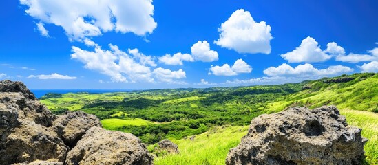 Panoramic view of a national park showcasing geological features and lush landscapes at the boundary of tectonic plates under a bright sky