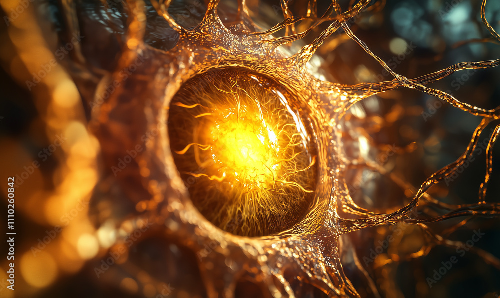 Aufkleber a close-up view of a neuron cell, showcasing intricate structures with a glowing central nucleus, il