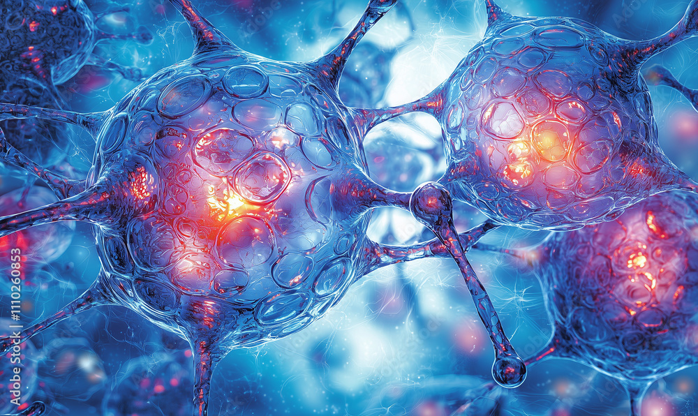 Poster microscopic view of interconnected cells with vibrant colors, illustrating biological structures and