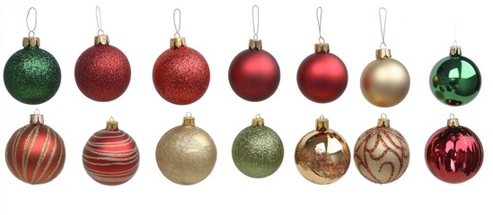 Festive Christmas ornaments collection in various colors and textures for holiday decoration and seasonal events