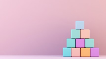 A pyramid of colorful blocks against a soft pink background, creating a playful and inviting atmosphere.