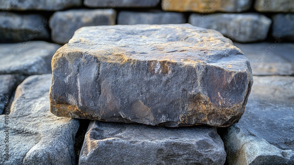 Aufkleber close up view of a large stone resting on a stone retaining wall showcasing texture and natural colo