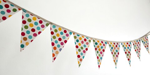 Fototapeta premium Colorful Polka Dot Pennant Bunting Garland on White Background for Festive Celebrations