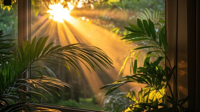 Sunlight filtering through a window illuminating zamioculca branches in a serene indoor garden setting.