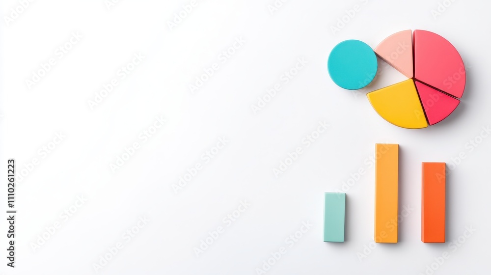 Poster a colorful representation of data charts, including a pie chart and bar graphs, on a clean, white ba