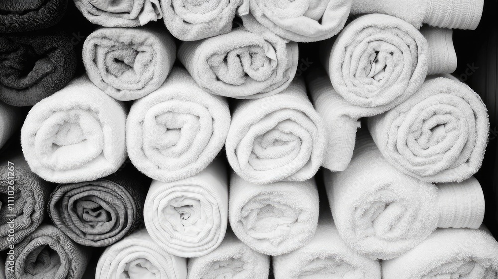 Poster rolled white towels neatly arranged in a storage room creating a clean and textured background for v