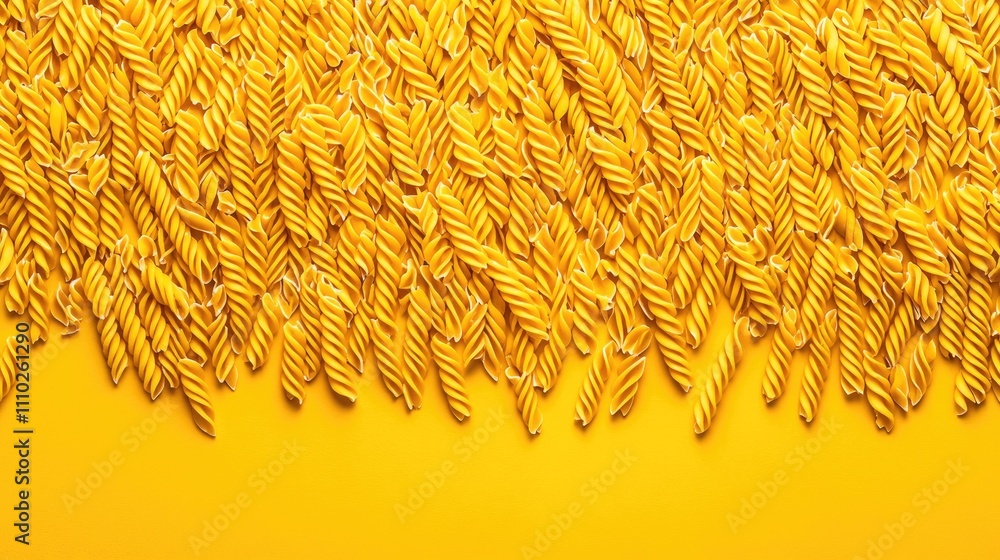 Poster raw and dry fusilli pasta texture background with overhead view of twisting shapes on vibrant yellow