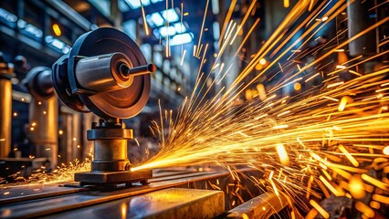 Closeup of Brilliant Sparks Emanating from Metal Grinding in a Metallurgical Plant, Capturing the Intensity of Industrial Processes and Precision Engineering