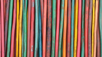 Colorful welding rods arranged in parallel, showcasing a variety of vibrant hues including red, green, blue, and yellow, ideal for industrial or craft-related themes, materials, tools, craftsmanship.