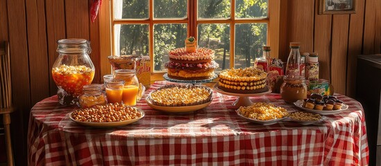 Brazilian June festival table with traditional sweets cakes popcorn and peanuts arranged on a checkered tablecloth in a warm setting