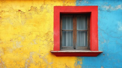 Colorful vintage window on a vibrant blue and yellow wall with a textured surface and classic Instagram retro effect
