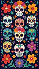 Dia de los Muertos Festivities with Colorful Skulls and Folk Art Symbols.