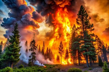 Fototapeta premium Closeup of Forest Fire with Flames and Smoke in Pine Forest at Sunset, Showcasing the Environmental Impact of Natural Disasters on Ecosystems and Wildlife