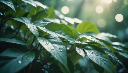 Hojas verdes con gotas de agua sobre un fondo borroso