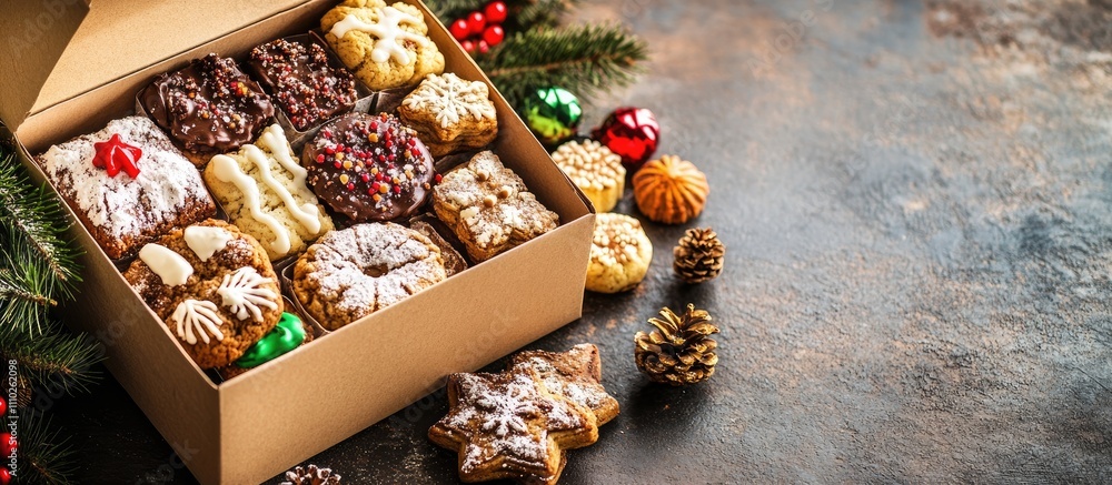 Poster festive box of assorted christmas cookies arranged on a rustic table with holiday decorations and pi