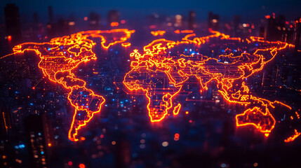 glowing circuit pattern forms a world map shape against a blurred background, symbolizing global connectivity, digital transformation, and the fusion of technology with geographical boundaries