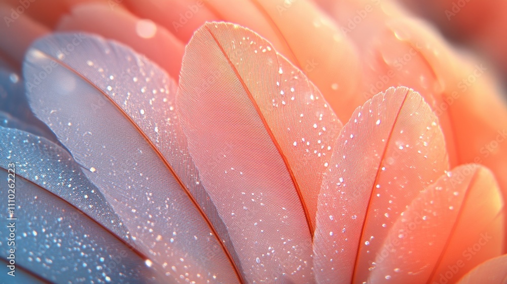 Poster feather texture background with gentle hues and dew drops creating a dreamy abstract artistic design