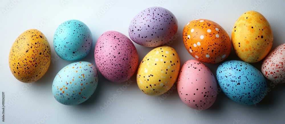 Poster colorful easter eggs in various patterns arranged on a clean white background with ample copy space 