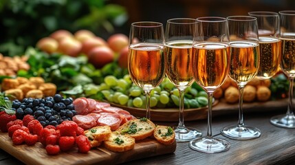 Elegant champagne glasses paired with a vibrant spread of appetizers including fruits, meats, and gourmet finger foods on a rustic table.