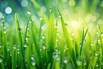 Fototapeta premium Close-Up of Glistening Water Drops on Lush Green Grass with Beautiful Bokeh Background, Perfect for Nature and Freshness Themes in Photography and Design Projects