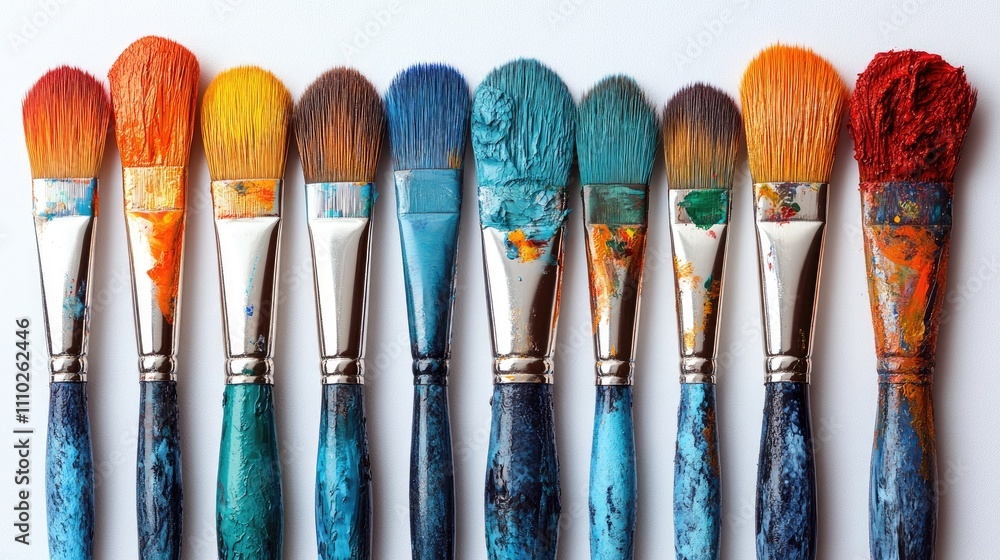 Poster set of artist paintbrushes displaying vibrant colors and varying textures on a clean white backgroun