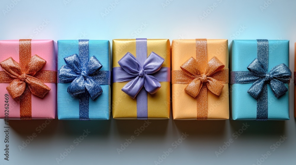 Poster colorful wrapped gift boxes in a neat row displaying festive designs against a clean white backgroun